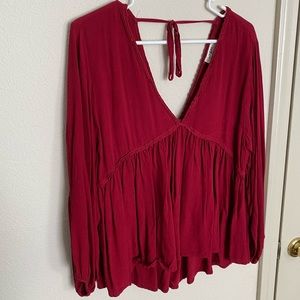 Red balloon sleeve v neck top blouse